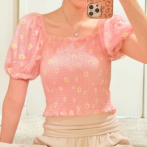 #019 | Smocked Puff Sleeve Top | Pink Daisy | XS/S | On/Off Shoulder